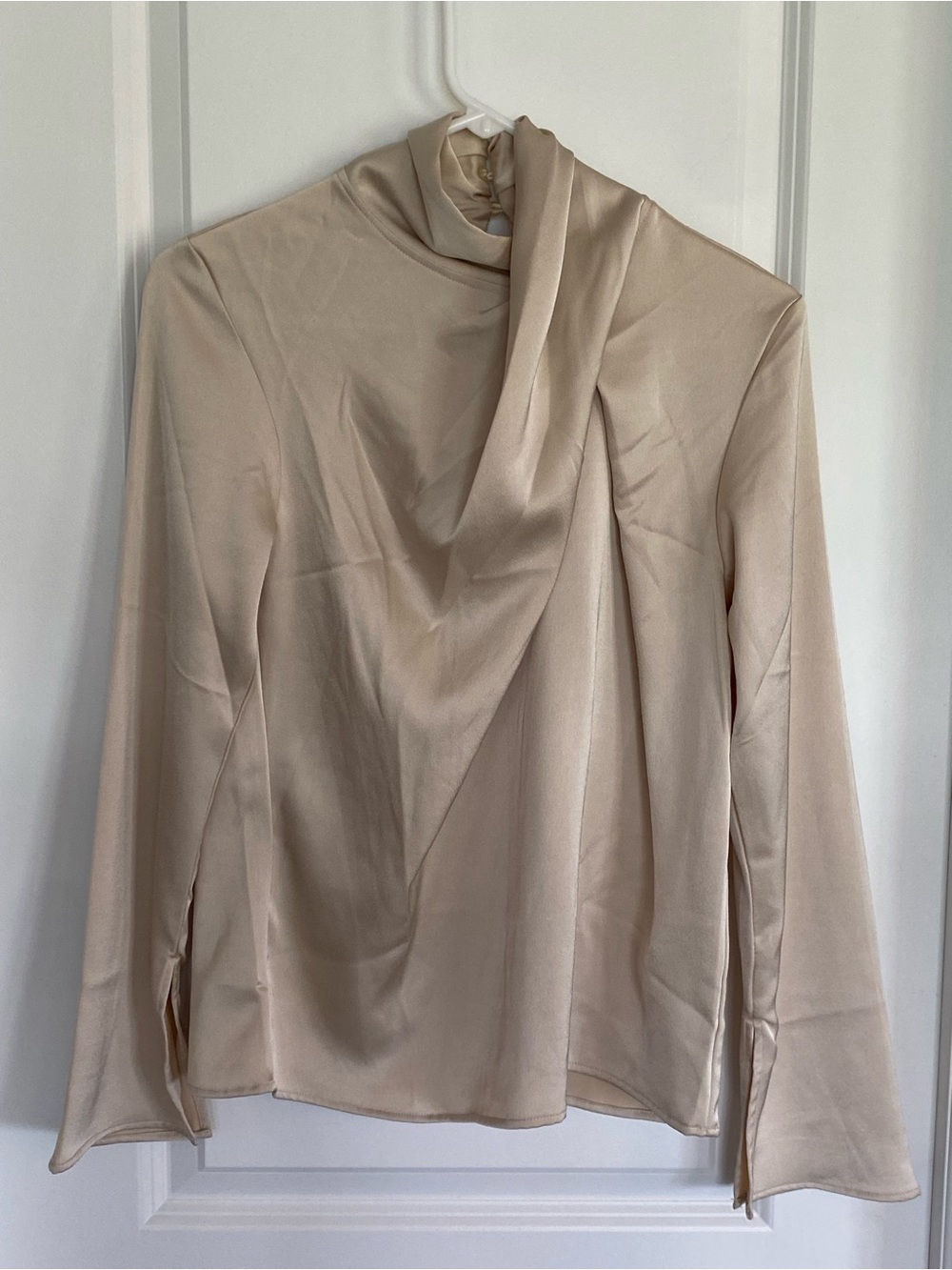 H&M Neutral Cream Draped Long-Sleeve Holiday Satin Blouse Small Stand Up Collar